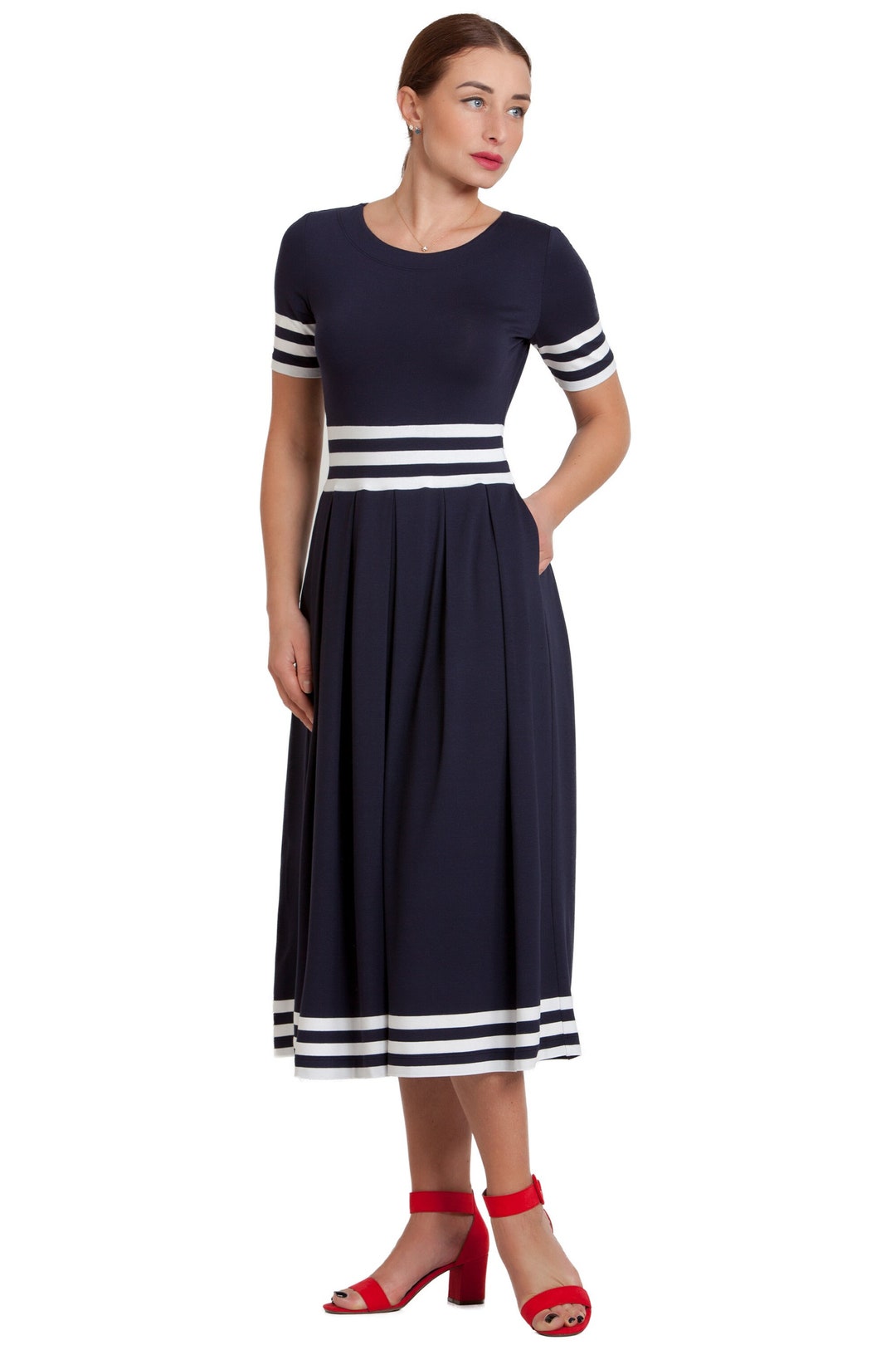 Navy Front Shirring Summer Dress main image 1