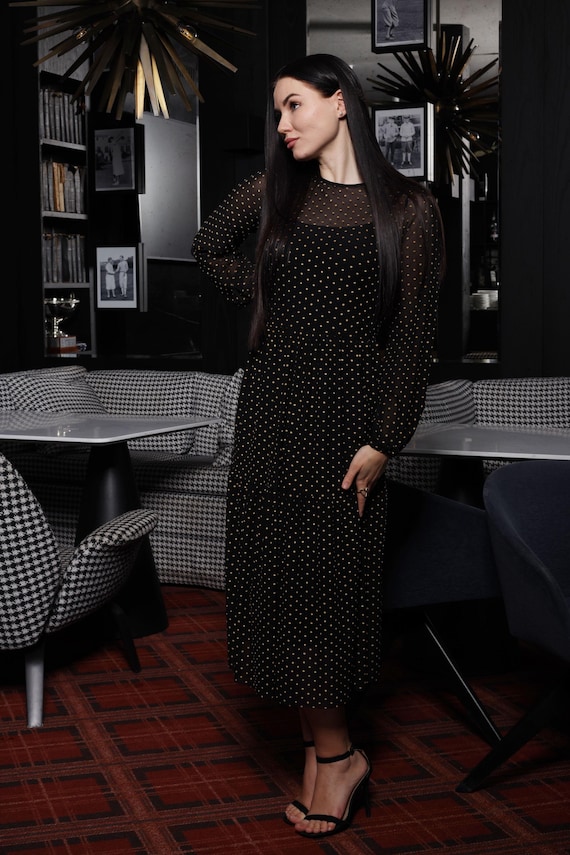 Elegant Black Polka Dot Chiffon Midi Dress  Romantic and Airy Style - Etsy  Israel