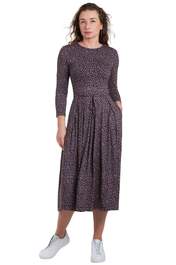 womens casual jersey dresses Summer Midi Dress for Women in Jersey Fabric: Blue Casual Dress With Pockets, 3/4 Sleeves, and Jersey Belt