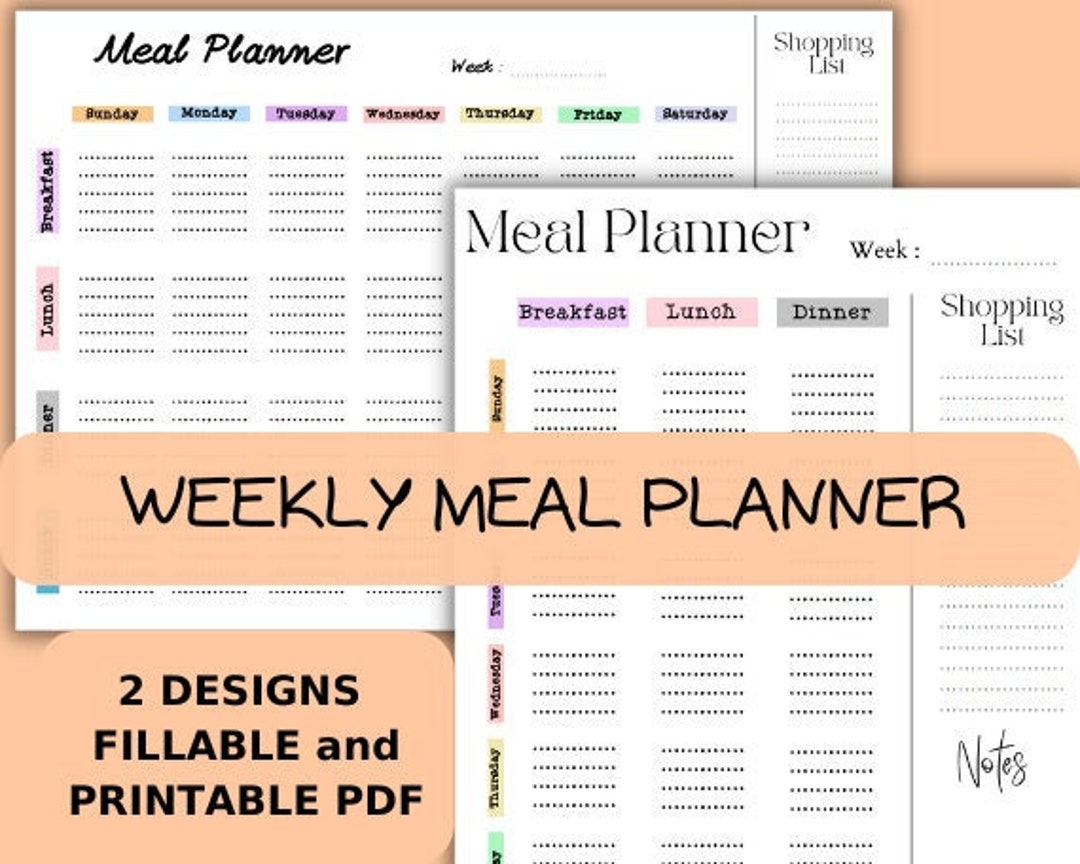 Meal Planner Tracker Fillable Printable PDF Weekly Meal Eating - Etsy