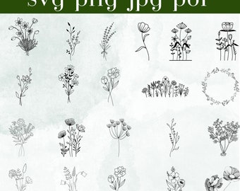 Wildflower Line Art SVG Bundle, Floral Outline, Cricut Files (Digital Download)
