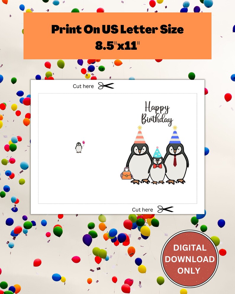 Printable Card, Printable Birthday Card, Happy Birthday Card, Penguin Birthday Card, Card for ...