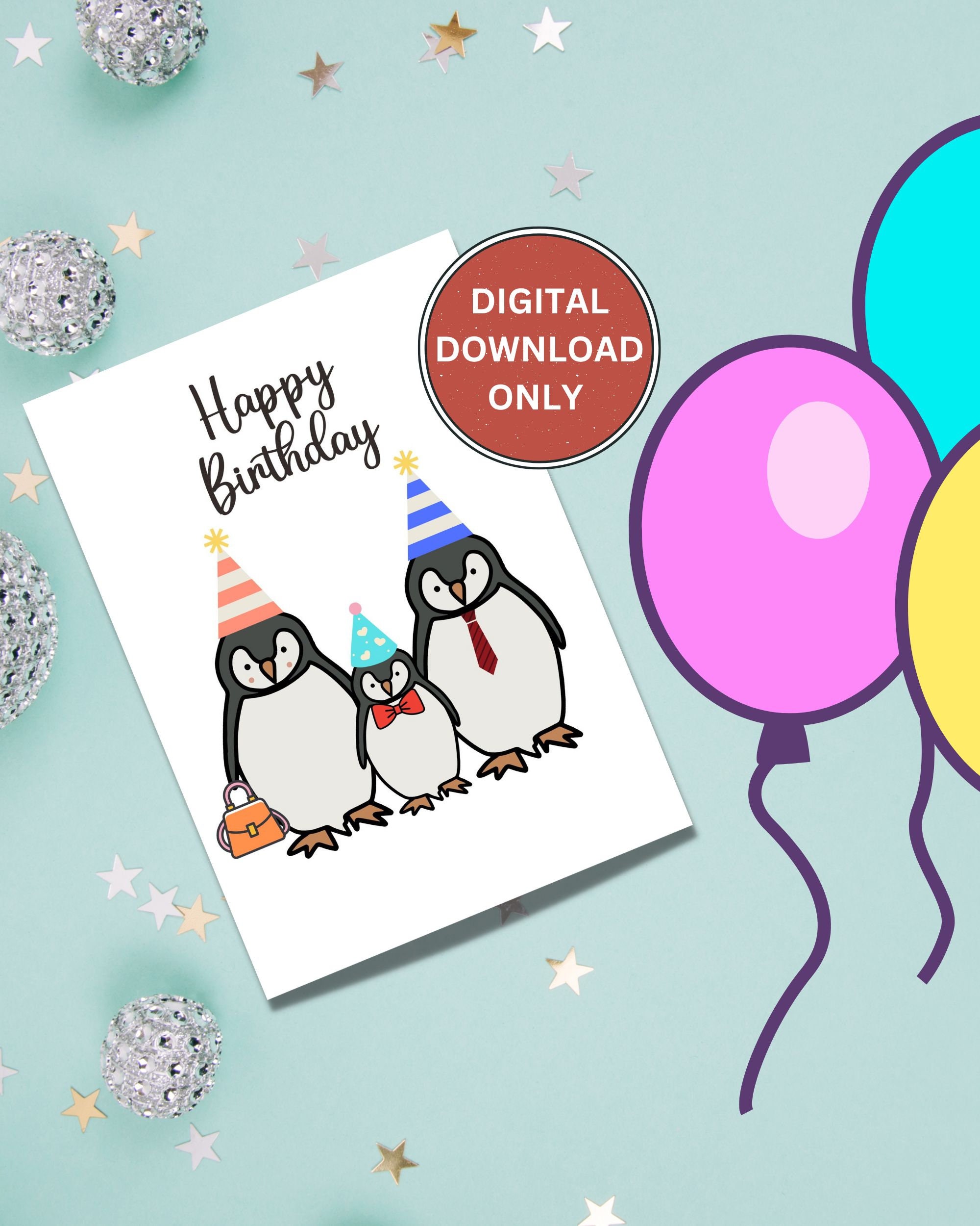 Printable Card, Printable Birthday Card, Happy Birthday Card, Penguin Birthday Card, Card for ...