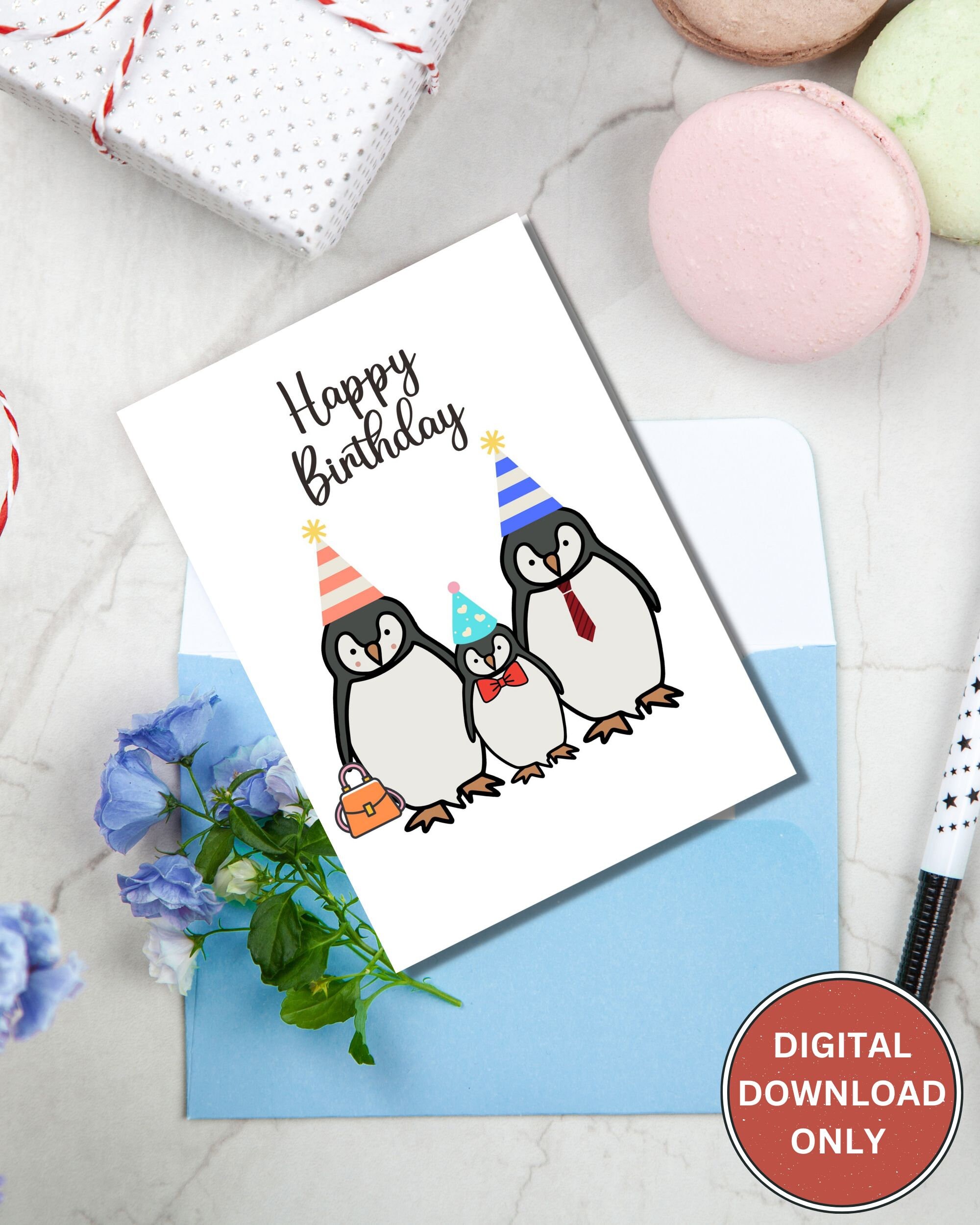 Printable Card, Printable Birthday Card, Happy Birthday Card, Penguin ...