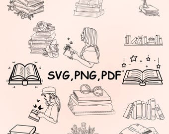 Books svg bundle | school & reading clipart | Vintage style clipart | digital download | 14 Pdf files