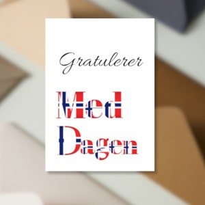Verjaardagskaart Noorse vlag, verjaardagskaart voor Noorse vriend, Gratulerer Med Dagen, ecard-verjaardagskaart, afdrukken Noorwegen, digitale kaarten