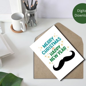 Tarjeta de Feliz Navidad para papá, Tarjeta de Feliz Año Nuevo 2023 con Bigote para Esposo, Novio, Maestro, Imprimible Festivo, 5x7, Descarga Instantánea en PDF
