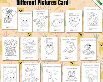 Printable Kids Valentine Cards, Animal Coloring Activity (Set of 16) (Digital Download)