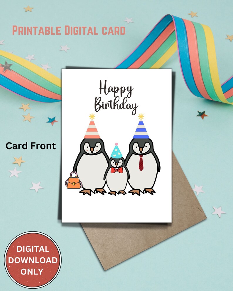 Printable Card, Printable Birthday Card, Happy Birthday Card, Penguin ...