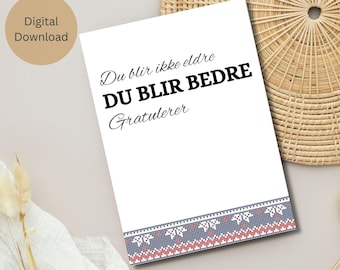Norwegian Birthday Card | Scandinavian Folk Art, Gratulerer (Digital Download)