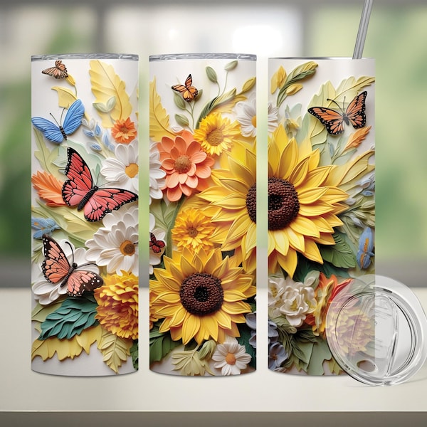 3D Sunflowers & Butterflies 20oz Skinny Sublimation Tumbler Wrap, PNG, JPG, Free Tumbler Bonus Bundle, Digital Download, Commercial Use