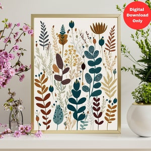 Scandinavian Floral Folk Art | Digital Print | Muted Teals, Burgundy's, Brown Florals | Custom Design | Nordic Print | Printable Art
