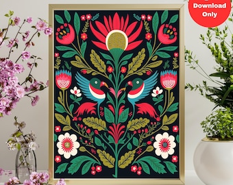 Scandinavian Folk Art Delight, Digital Print, Vibrant Florals, Birds, Instant Download, Custom Design, Nordic Print, Printable Art