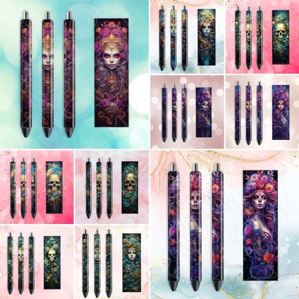 Sugar Skulls et le jour des morts Lady stylo sublimation Wrap PNG, JPG, 10 stylos Wrap Bundle, usage commercial, téléchargement numérique