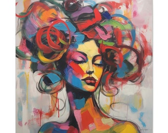 Original Abstract Woman Big Hair Oil Painting on Canvas Print, Ready to Hang Wall Art, Modern Home Decoration, Contemporary Art