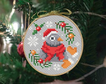 Pigeon Christmas Ornament Cross Stitch PDF, Santa Hat Bird Chart, DIY Xmas Tree Decor
