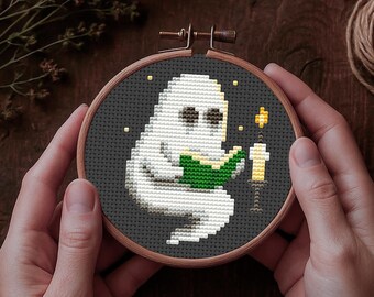 Halloween Ghost Cross Stitch Pattern PDF, Bookish Reader with Candle, Cozy Book Lover Chart
