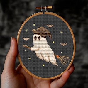 Witchy Ghost on Broom PDF Cross Stitch Pattern, Vintage Gothic Style for Halloween Decor
