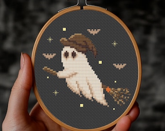 Witchy Ghost on Broom PDF Cross Stitch Pattern, Vintage Gothic Style for Halloween Decor