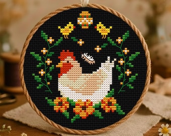 Chicken Cross Stitch Pattern PDF, Mother Hen on Nest with Chicks and Flowers, Cottagecore Spring Embroidery