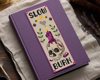 Slow Burn Bookmark Cross Stitch Pattern PDF, Skull with Melting Candle and Ivy, Romantasy Chart for Book Lovers
