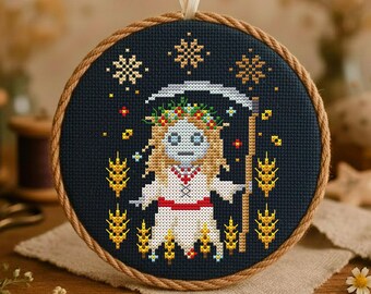 Dark Pagan Cross Stitch Pattern PDF, Poludnytsia with Wheat and Folk Ornaments