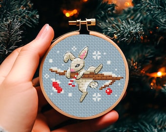 Bunny Christmas Cross Stitch Pattern, Rabbit Ornament Chart PDF, Cozy Holiday Tree Decor
