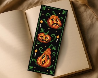 Pumpkin Bookmark Cross Stitch Pattern PDF, Three Jack O Lanterns with Vines, Halloween Chart