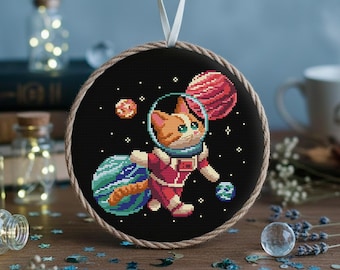 Space Cat Cross Stitch Chart for Cat Lovers and Astronomy Fans, Kitten in Spacesuit, Instant PDF