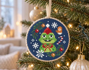 Frog Cross Stitch Pattern for Christmas Tree Ornament, DIY Holiday Gift with Candy Cane and Mitten PDF