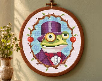 Victorian Frog Cross Stitch Pattern PDF, Dapper Gentleman in Top Hat and Monocle, Portrait in Twig Wreath