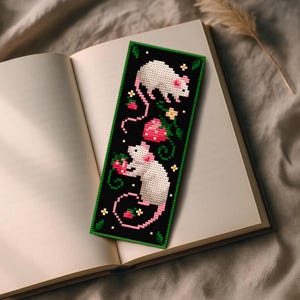 Strawberry Bookmark Cross Stitch PatternPDF, Cozy Cottagecore Mice Floral Scene