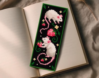 Strawberry Bookmark Cross Stitch PatternPDF, Cozy Cottagecore Mice Floral Scene