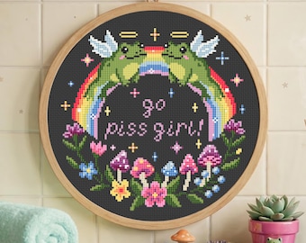 Go Piss Girl PDF Cross Stitch Pattern, Sarcastic Frog And Bathroom Decor