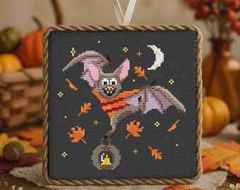 Patrón de punto de cruz en PDF de murciélago con suéter, decoración de Halloween con temática de brujas y bordado otoñal espeluznante.