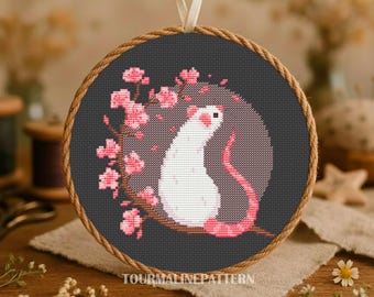 Cherry Blossom Rat Cross Stitch PDF, Dark Sakura Mouse on Floral Branch, Spring Embroidery