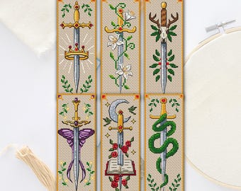 Sword Bookmark Cross Stitch PDF, Set of 6 Fantasy Bookmark Patterns, Medieval DIY Book Accessory
