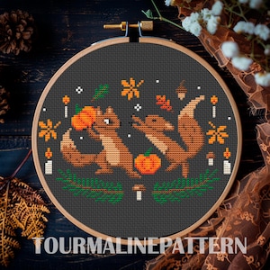 Funny Squirrel Cross Stitch Pattern PDF, Fall Woodland Wall Art, Cottagecore Pumpkin Home Decor