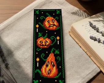 Witchy Pumpkin Cross Stitch PDF Bookmark Pattern, Spooky Gift for Book Lover, Gothic Embroidery
