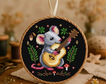 Bard Mouse Cross Stitch Pattern with Guitar, Ferns and Mushrooms, Cottagecore Woodland PDF Chart