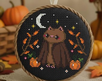 Chauve-souris motif point de croix PDF, chauve-souris d'Halloween avec citrouilles et lune, broderie automne mignonne effrayante