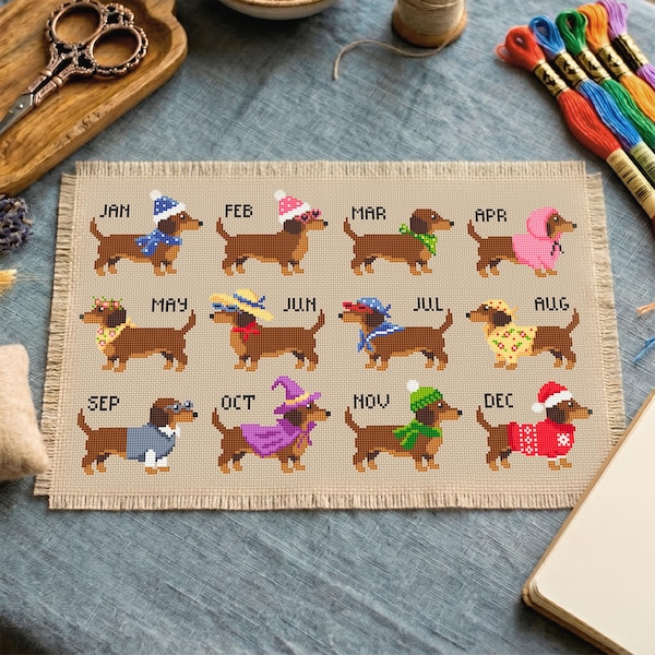 Dachshund Cross Stitch Pattern Bundle PDF — 12 Monthly Sausage Dog in Seasonal Outfits