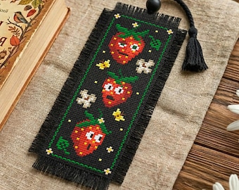 Strawberry Cross Stitch Bookmark Pattern PDF, Three Smiling Berries with Flowers, Book Lover Decor
