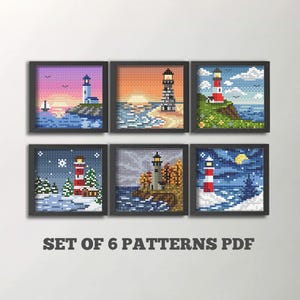 Conjunto de 6 patrones de punto de cruz de faros en PDF, paquete de temporada oceánica, bordado de paisajes
