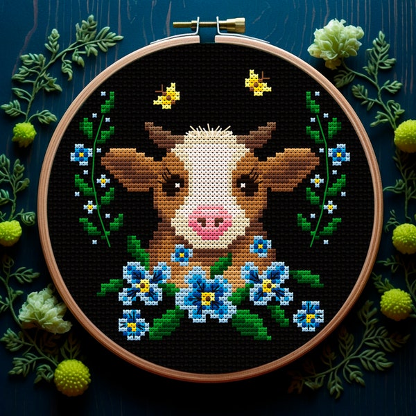 Floral cow face Cottagecore cross stitch pattern PDF Floral cross stitch Hello spring and summer embroidery PDF Farmhouse decor