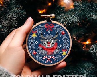 Spooky Krampus Cross Stitch PDF, Dark Christmas Creature with Folk Ornament