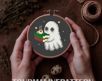 Halloween-Geist Kreuzstichmuster PDF, lustiger Bücherwurm Geist-Stickerei, gruselig süßer Stich für gruselige Herbstdekoration und Buchliebhaber