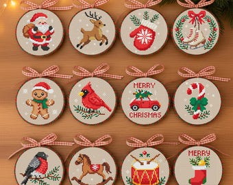 Christmas Cross Stitch Pattern Bundle PDF – Classic Noel Ornaments, 12 Mini Designs