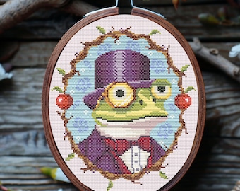 Goblincore Frog Cross Stitch PDF, Victorian Gentleman in Top Hat Chart, Dark Academia Cottagecore Decor