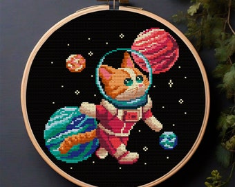 Galaxy Meow Space cross stitch pattern PDF Solar system Galaxy embroidery Cat lover gift Planets embroidery Home decor